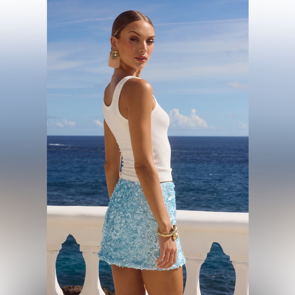 Light Blue Floral Sequin Mini Skirt - Women's - Picture 3 of 12